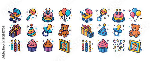 Colorful baby and birthday celebration icons with toys and decor