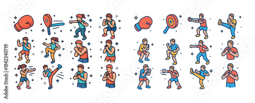 Cartoon martial arts characters practicing various fighting tech