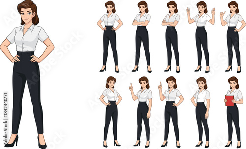 Cartoon, woman, character, pose, gesture, business, professional, vector, illustration, confident, stylish, retro, outfit, icon, emotion, standing, pointing, waving, folder, expression