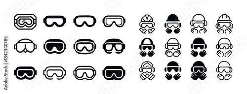 Various winter sports goggles and gloves icons set