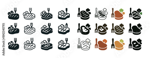 Assorted steak and vegetable icons in monochrome and color style
