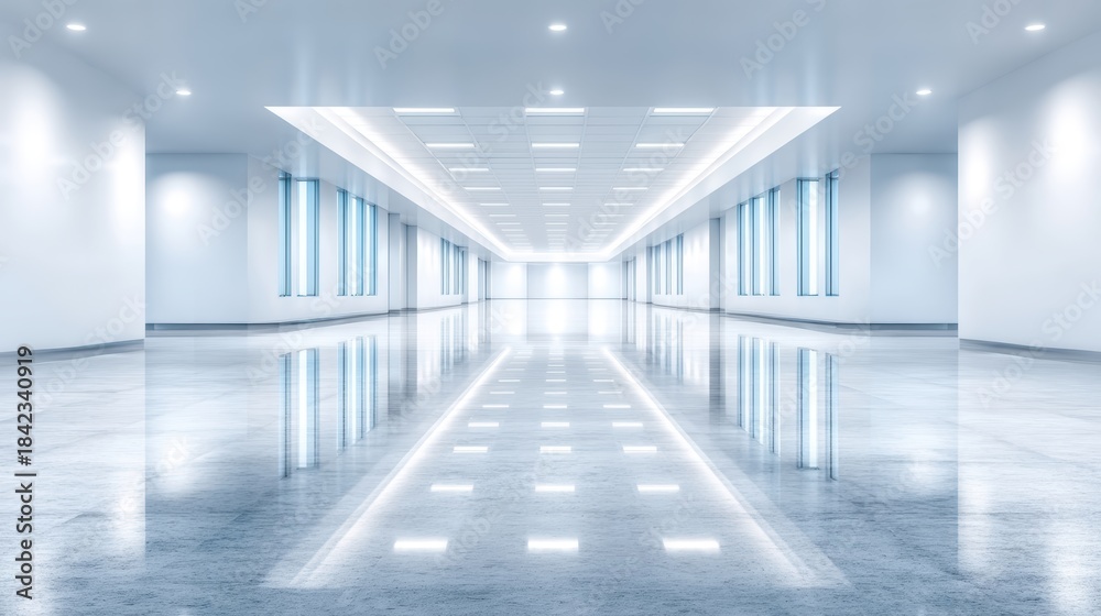Fototapeta premium Minimalist white corridor with seamless wall long white corridor features seamless white wall presenting expansive and clean visual