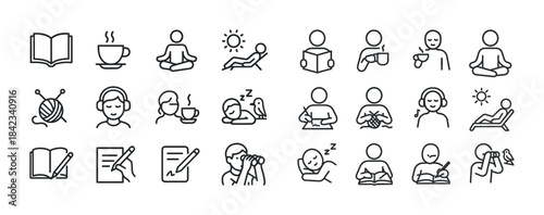 Set of minimalist line icons featuring relaxation, reading, medi