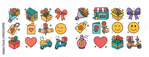 Colorful floral and gift icons with smiling faces and hearts