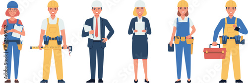 Construction workers and engineers wearing hard hats, holding tools and blueprints, diverse team illustration, professional staff, architecture industry, teamwork concept, occupation