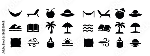 Relaxation and beach icons set: hammock, palm trees, sunset, wav