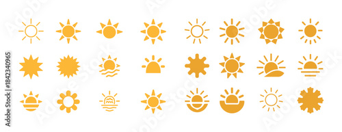 Collection of 25 unique yellow sun icons in various styles