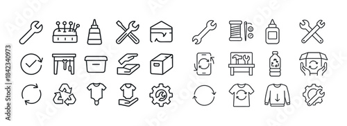 Simple line icons set for repair, recycling, clothing, and tools