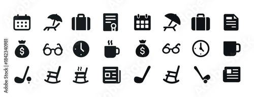 Travel, document, finance, leisure, and time icons collection