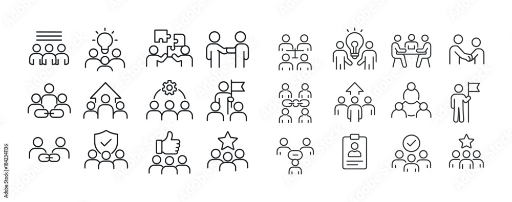 Fototapeta premium Teamwork icons set: collaboration, brainstorming, leadership, co