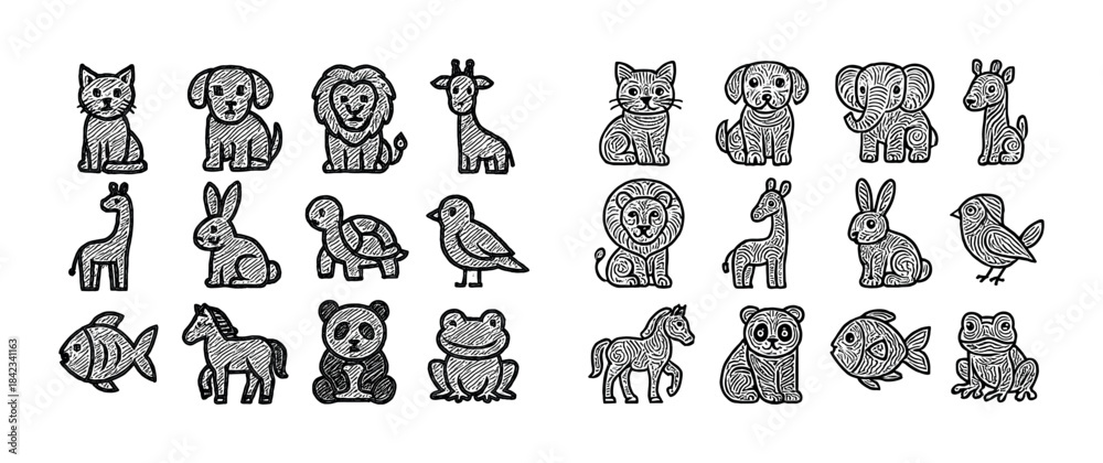 Naklejka premium Charming hand-drawn cartoon animals collection in black and whit