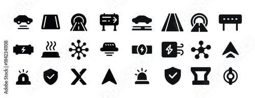 Bold icons set: transportation, navigation, safety, and electric