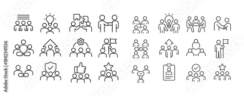 Teamwork icons set: collaboration, brainstorming, leadership, co