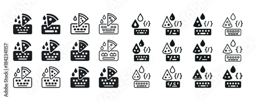 Abstract icon set featuring pizza, water drops, and keyboards