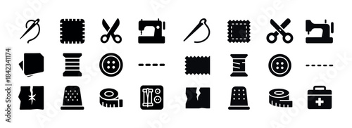 Sewing tools icons: scissors, needle, sewing machine, button, th