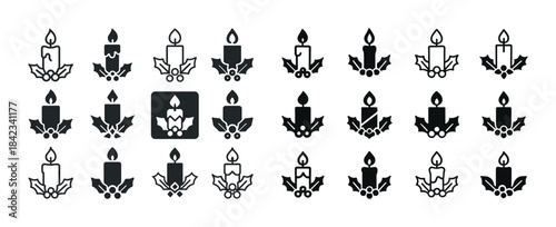 Set of decorative candle icons with holly leaves and berries in