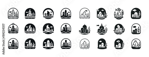 Minimalist coastal icon set featuring various buildings and mari