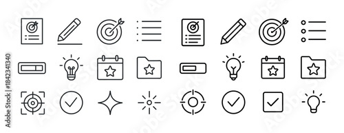 Minimalist icon set with target, pencil, list, bulb, calendar, f