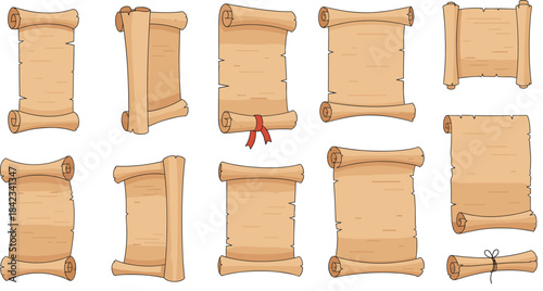 A realistic vector collection of ten antique parchment paper scrolls in various rolled and open positions, symbolizing history, ancient documents, certificates, and important historical messages