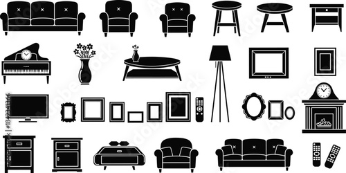 Furniture, home, decor, silhouette, icon, black, vector, sofa, chair, table, lamp, clock, fireplace, television, cabinet, drawer, remote, vase, living, room