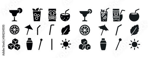 Tropical drink icons: cocktails, tiki mugs, coconut, umbrellas,