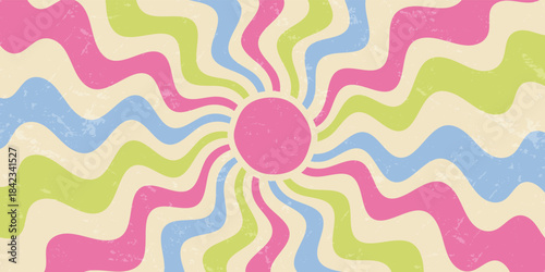 Groovy retro sun burst with wavy ray and bold color. Sunshine blend in y2k burst effect for grungy horizontal background. Vibrant sun and wave pattern, perfect as creative wallpaper or poster.