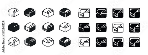 Icon set of paper shredder symbols in black and white squares