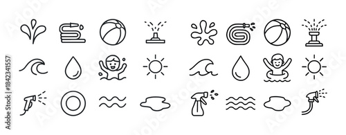 Summer water fun icons: sprinkler, beach ball, pool, waves, sun,