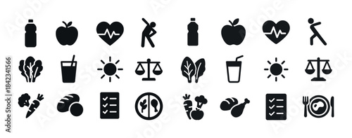 Healthy lifestyle icons: exercise, nutrition, wellness, fitness,