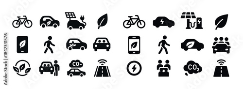 Eco-friendly transportation icons: bicycle, electric car, solar
