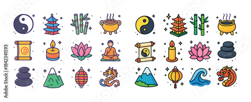 Colorful asian symbols set featuring yin-yang, pagoda, bamboo, l
