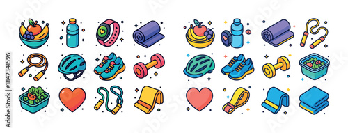 Colorful fitness and healthy lifestyle icons with fruits, equipm
