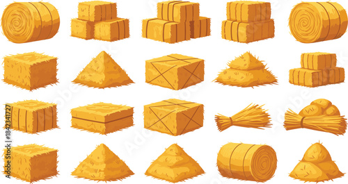 A realistic vector collection of round and square hay bales, stacks, and bundles, illustrating agriculture, farming, autumn harvest, and livestock feed concepts on a white background