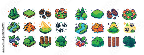 Colorful cartoon nature icons featuring trees, plants, and lands