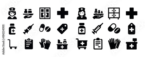Medical icons set: syringe, medicine bottle, nurse, pills, hospi