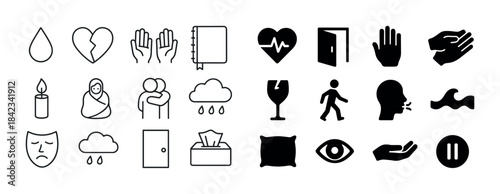 Emotional symbols: heart, hands, clouds, candle, face, health ic