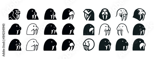 Stylized walrus icons collection in various artistic designs