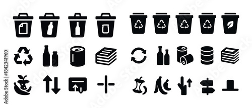 Recycling and waste management icons: bins, bottles, paper, comp