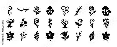 Collection of black plant and floral silhouettes featuring trees