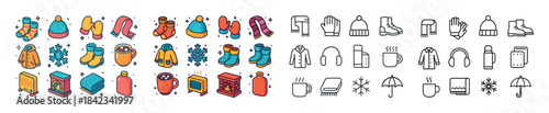 Colorful and monochrome winter icon set featuring clothing and a
