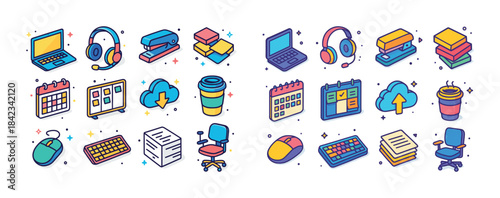 Colorful office icons set: technology, stationery, cloud, chair,