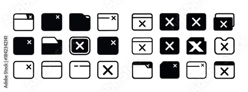 Set of black and white icons: windows, folders, and close button