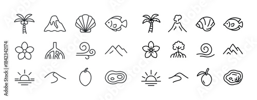 Tropical and nature-themed line art icons: palms, shells, fish,