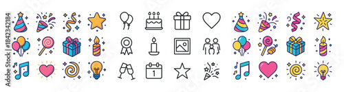 Colorful party icons: celebration, gifts, music, and fun element