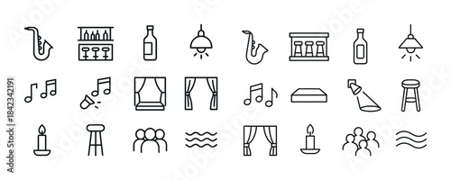 Minimalist line icons of musical instruments, bar, and home deco