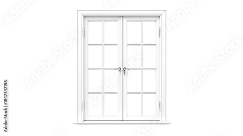 Double-door white window, multiple panes, centered, against black background