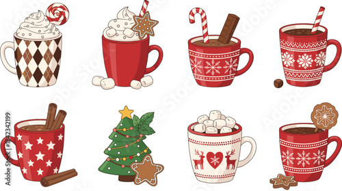 A cozy vector set of eight mugs filled with hot chocolate, marshmallows, and festive Christmas decorations, including gingerbread, candy canes, and holiday star cookies, perfect for winter design