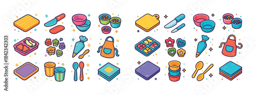 Colorful baking and cooking utensil icons featuring aprons and c