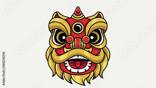 Vibrant red and gold Chinese lion dance head illustration with intricate details and traditional design.