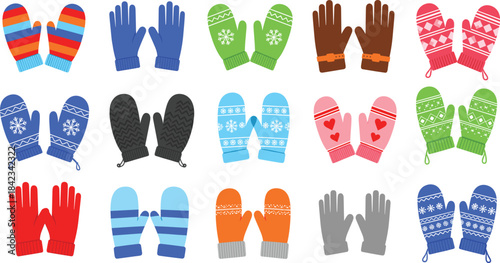 A diverse vector collection of colorful winter gloves and mittens, featuring stripes, polka dots, snowflakes, and hearts, perfect for holiday fashion, cold weather, and Christmas designs
